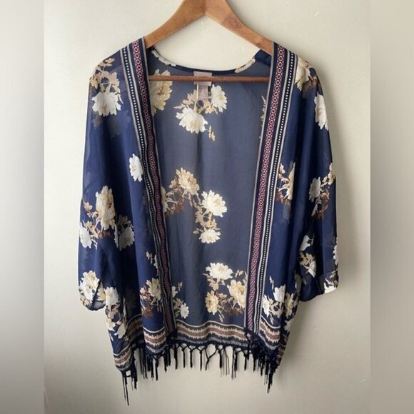 Chico’s Tasseled floral semi-sheer Navy/Cream kimono cardigan Medium open front - Picture 1 of 9